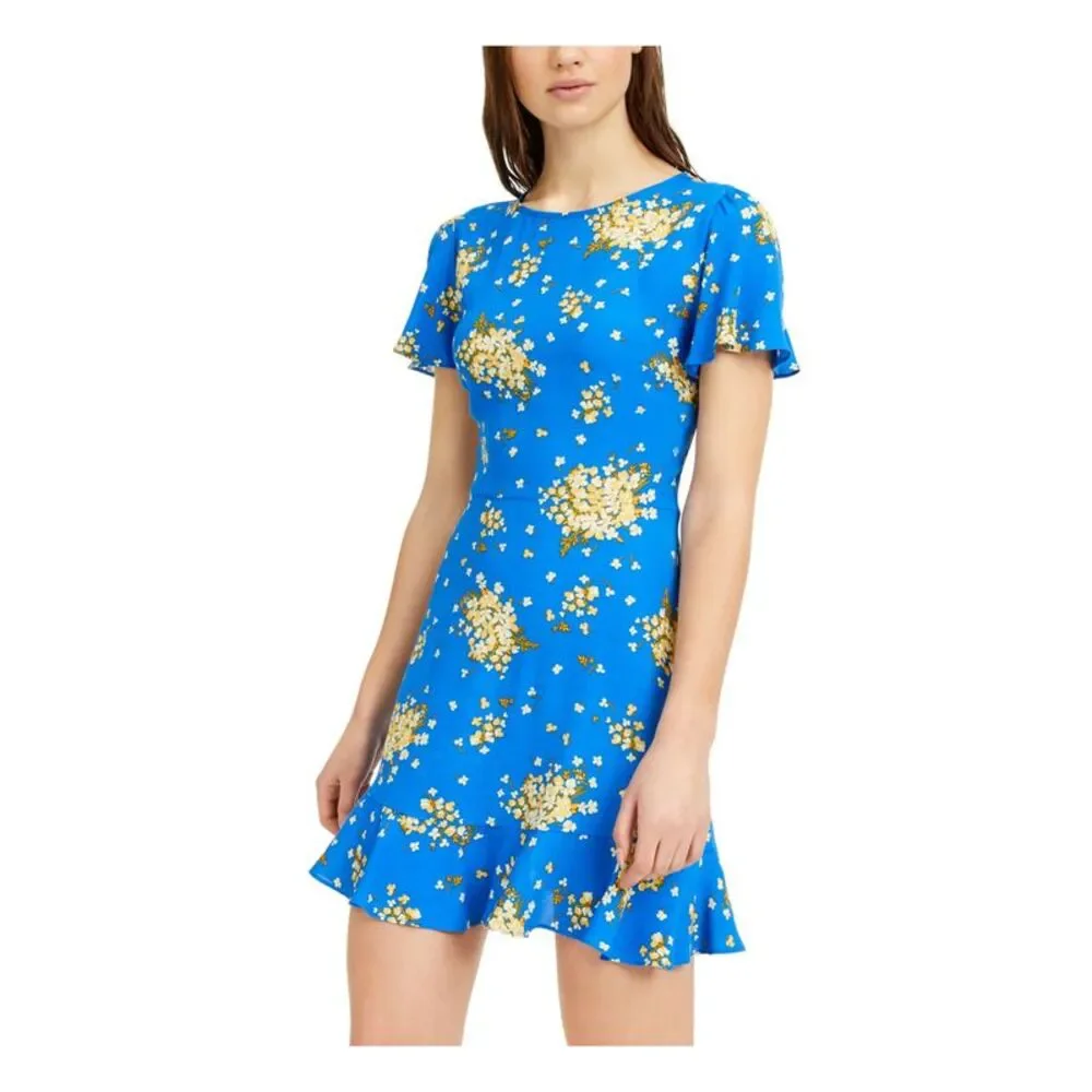 B DARLIN Womens Blue Floral Cap Sleeve Jewel Neck Short Fit + Flare Dress 7\8